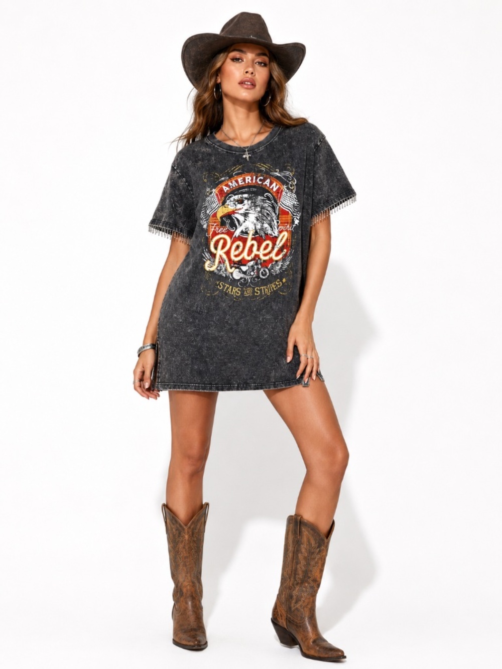 Mimi Chica "American Rebel" Graphic Fringe Mineral Wash T-Shirt Dress